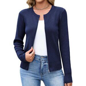 Totatuit Womens Navy Long Sleeves Cardigans Knitted Lightweight Zipper Sweater
